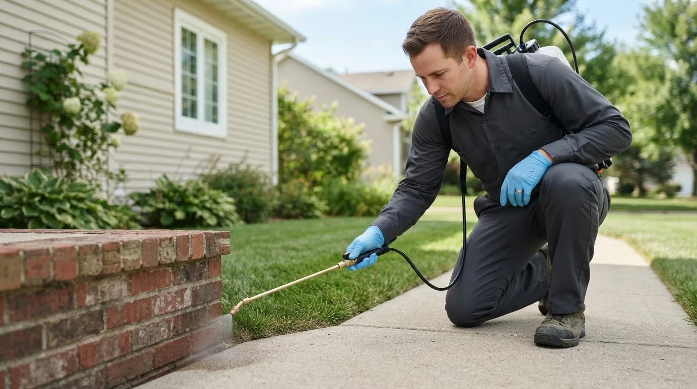 Pest control technician treating a home near Grampian, PA